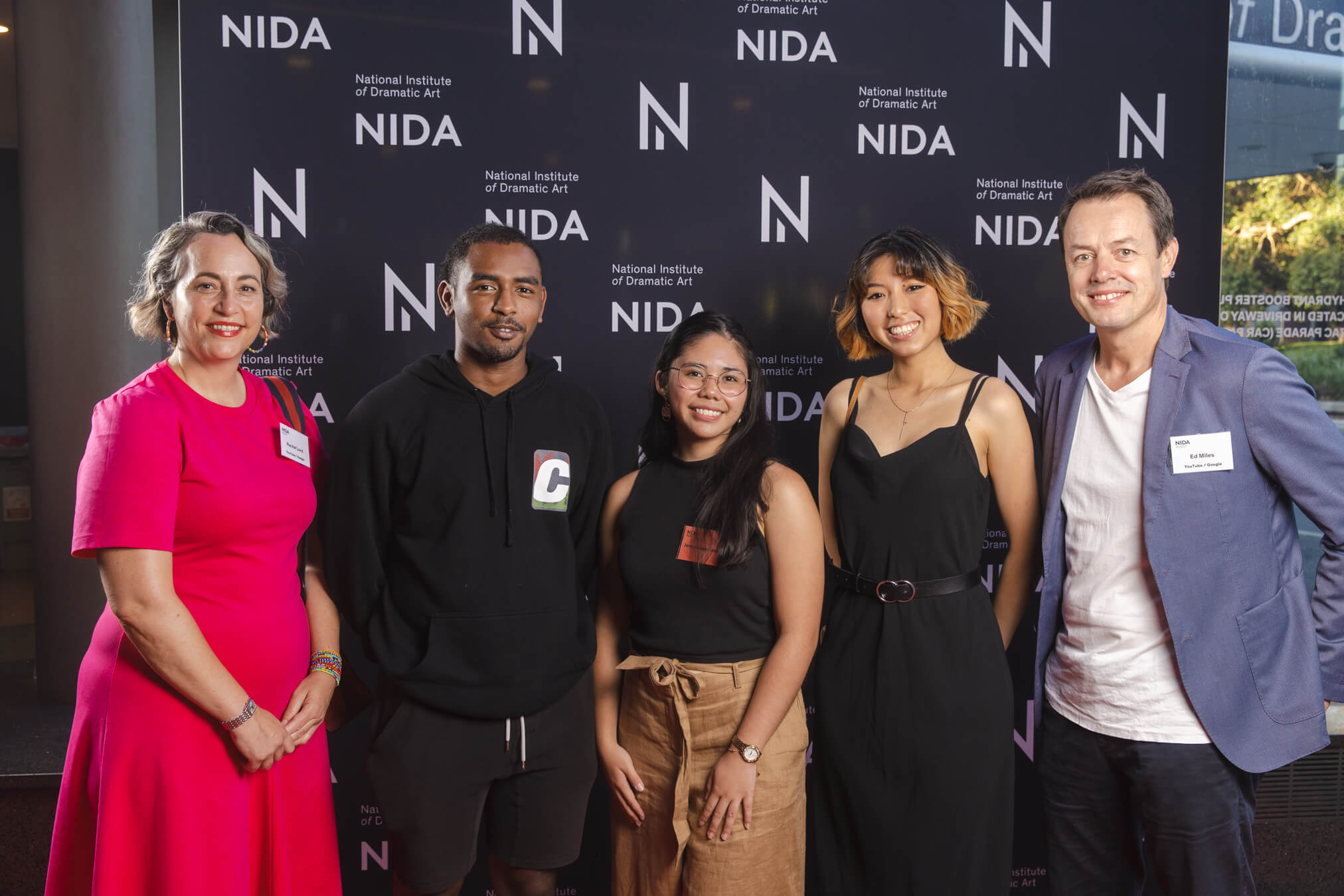 Rachel Lord from Google/YouTube and scholarship recipients, (2022) Barki Mohamed, (2023) Jenny Guigayoma and (2021) Michuri Encinas with Ed Miles, Director of Google AUNZ (YouTube) 