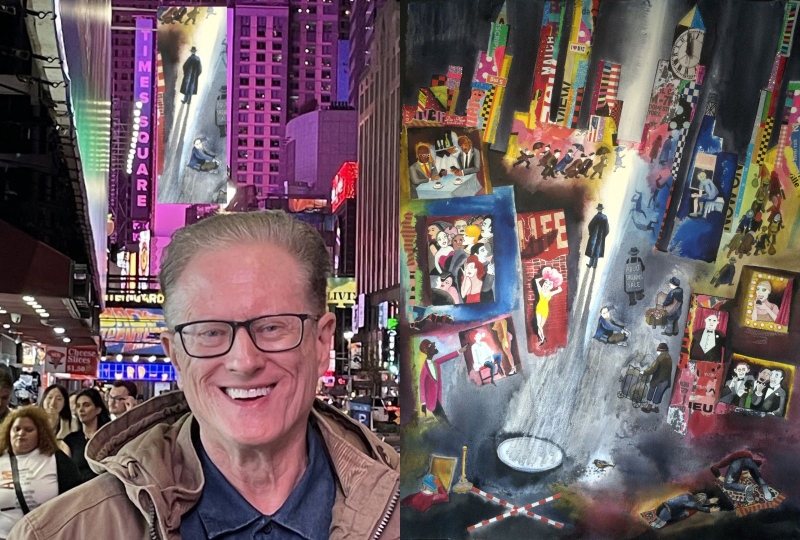 Left: Kim Carpenter on Broadway, New York. Art by Kim Carpenter, a man with a long shadow walking along a street covered in colourful signs.