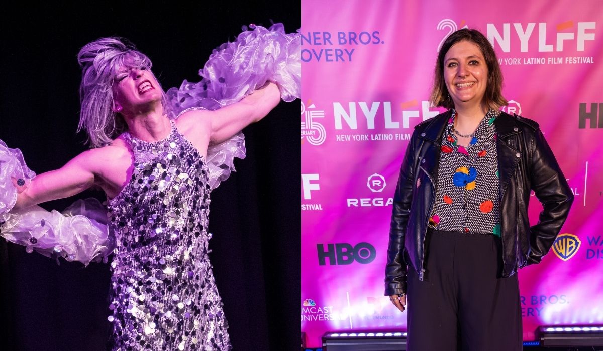Split image: Left, a performer in a sparkly dress and dramatic pose. Right, a person in casual attire and a leather jacket stands on a pink film festival backdrop.