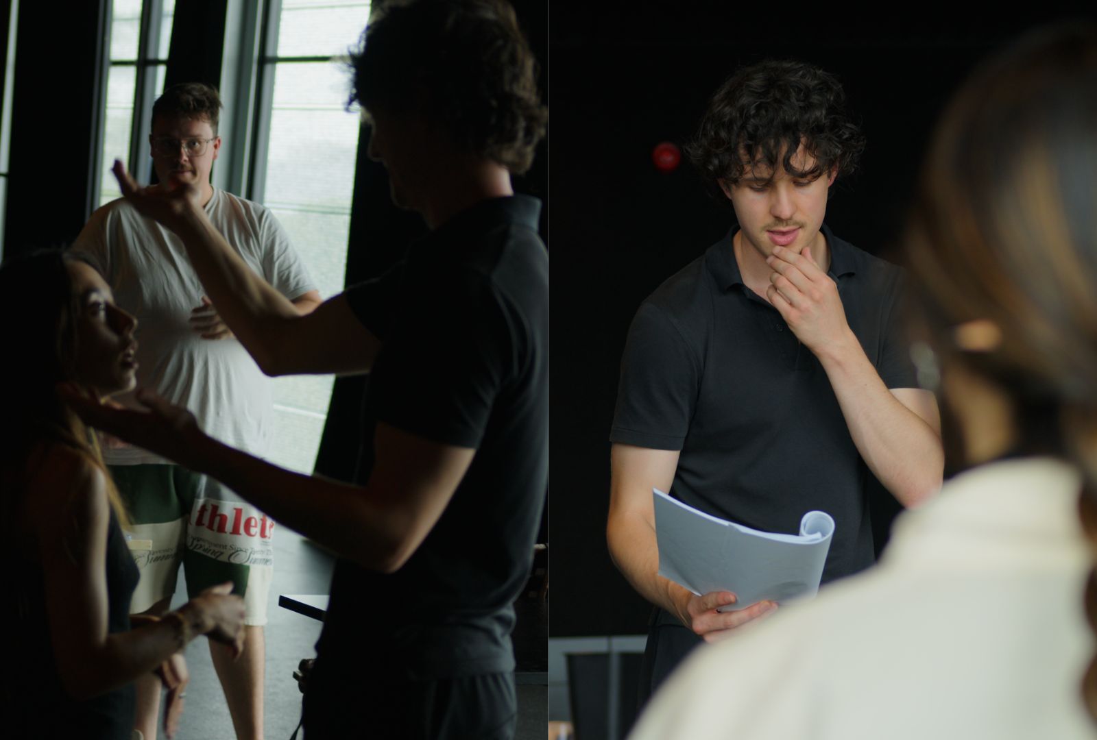 Two images show a theatre rehearsal. Left: A director gestures while speaking to two actors. Right: An actor reads a script, appearing thoughtful.