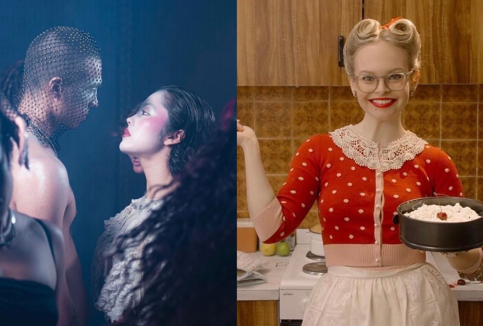 split image: Left, a dramatic scene with a shirtless person wearing a headpiece facing a woman with bold makeup in intense lighting. Right, a cheerful woman in vintage attire and glasses holds a cake in a retro kitchen, smiling brightly.