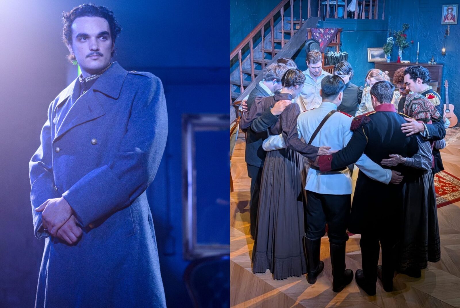 On the left, a man in a blue coat gazes dramatically under soft purple lighting. On the right, a group in period costumes huddles warmly in a dim, cosy room.
