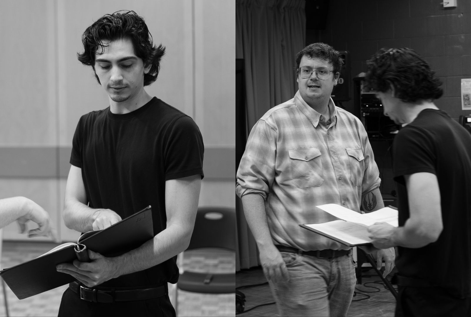 Two photos, on the left a man in a black shirt reads a script and on the right the same man reads a script and another faces the camera.