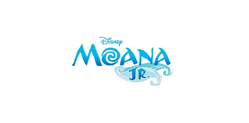 Logo for Disney’s Moana JR. with the word Moana in blue stylised letters, a spiral in the letter O, and JR. below in a wave-like design.