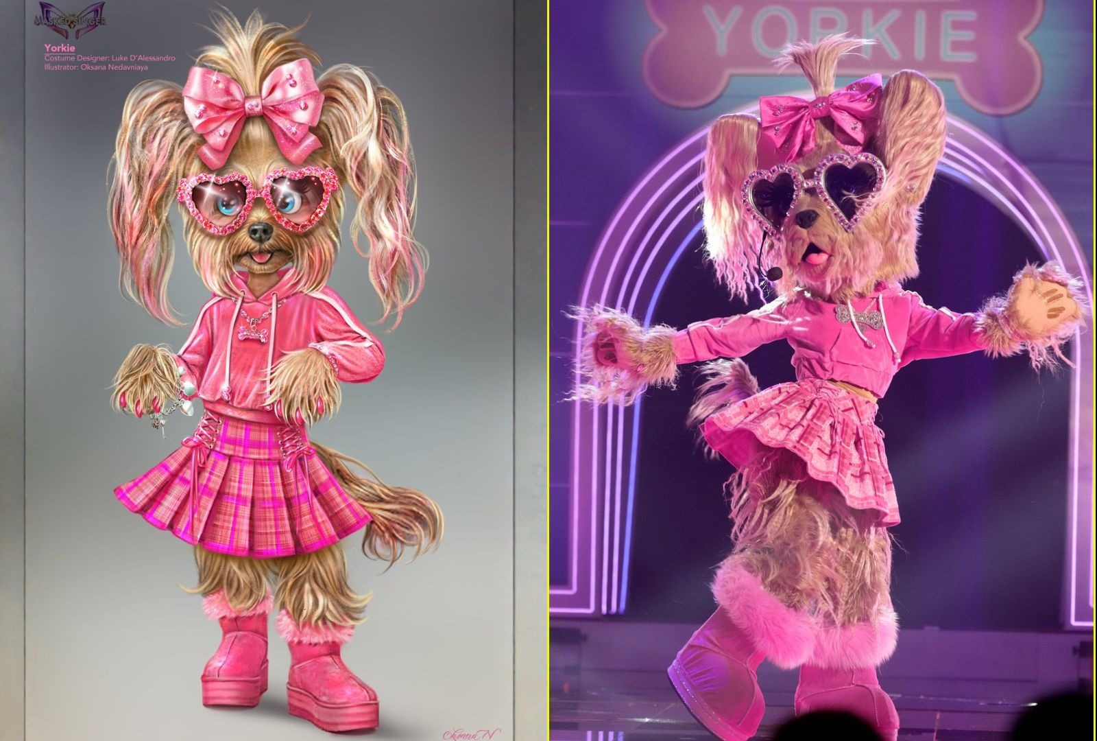 Side-by-side images of a Yorkie-inspired costume character. On the left, an illustration shows a dog in a pink hoodie and plaid skirt with heart glasses. On the right, a performer in a matching furry costume on stage, under pink lights, exudes an upbeat, playful aura.
