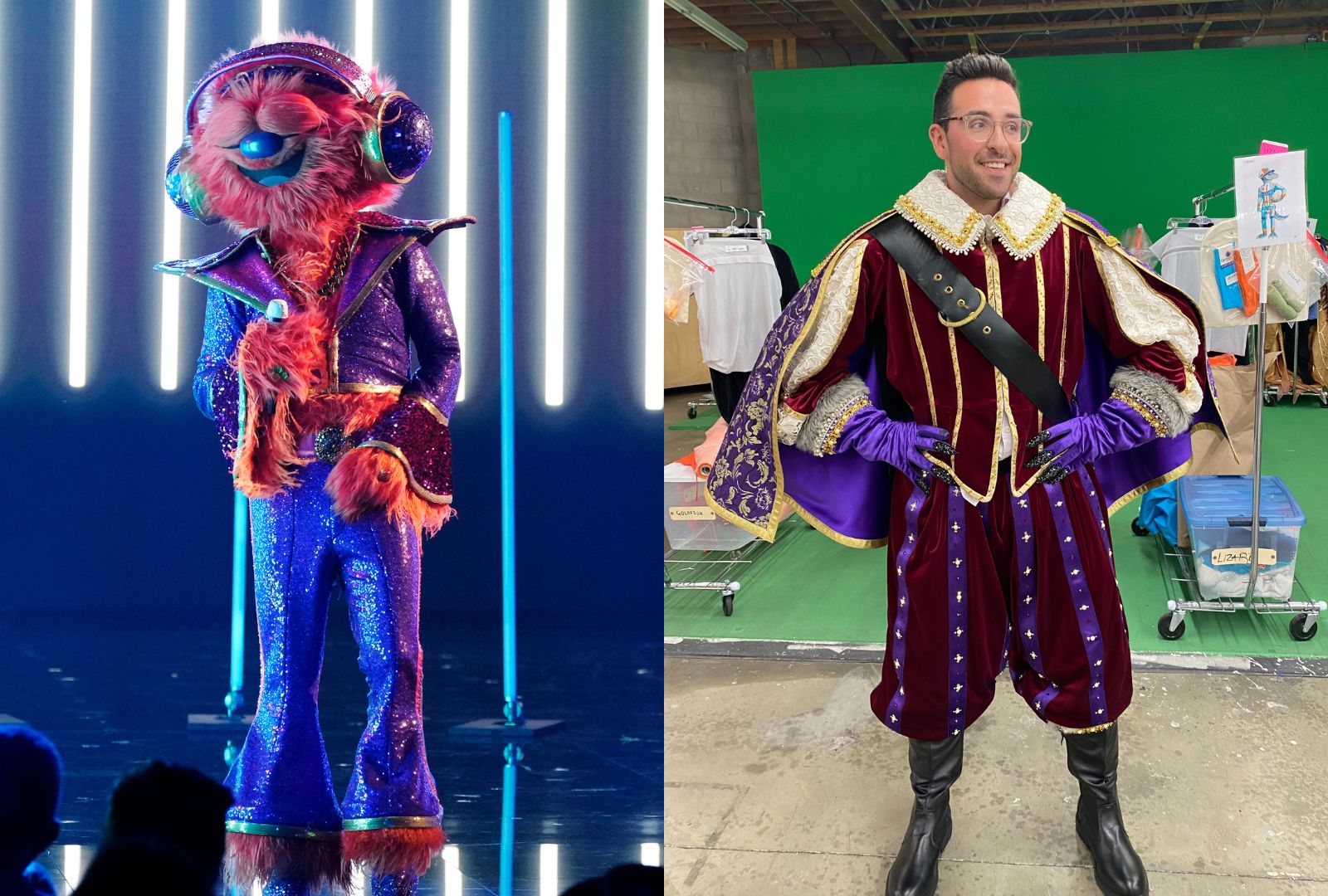 On the left, a person in a glittery purple creature costume with headphones stands confidently on stage with vertical lights. On the right, a man in a regal, ornate maroon and gold costume poses cheerfully in a backstage setting with green screens and clothing racks.