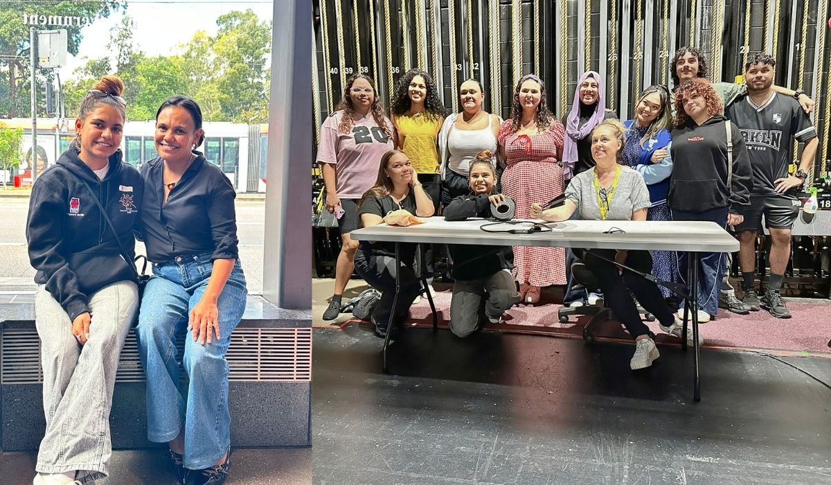 A two-part image: Left, two women sitting on a bench outside, smiling. Right, a diverse group of people indoors, some seated, posing cheerfully by a table.