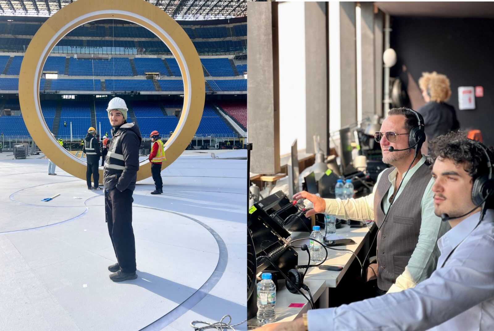 On the left, a person wearing a hard hat and vest stands beside a large circular stage structure in a stadium. On the right, two people in a control room wear headsets, overseeing event operations.