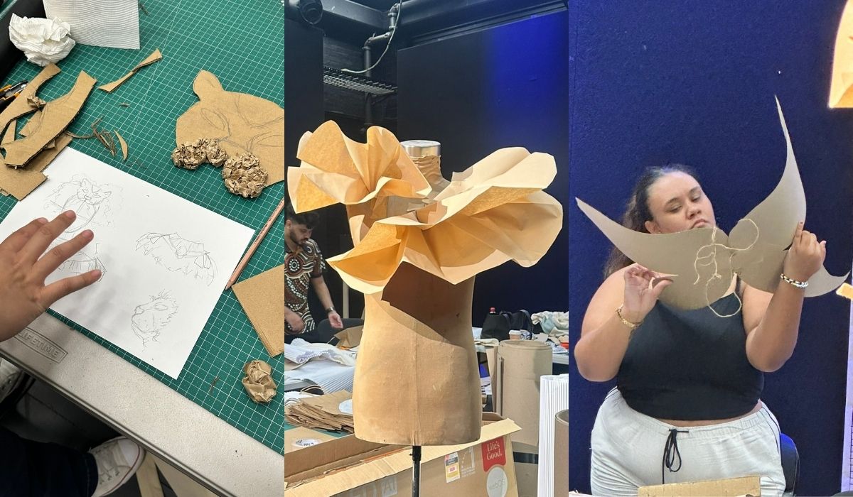A collage of three images. Left: Hand sketches and brown paper cutouts on a desk. Centre: Mannequin with a sculptural paper top. Right: Woman holding a crescent-shaped paper piece, appearing thoughtful.