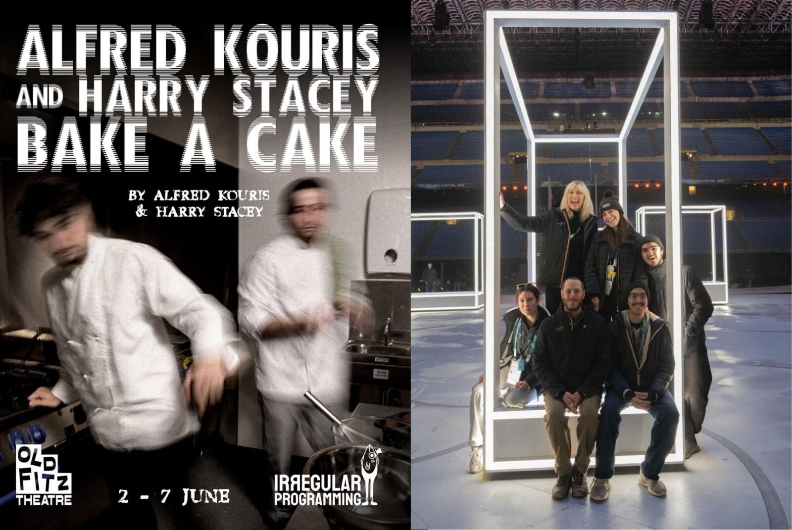 On the left, a blurred image of two chefs in motion, promoting "Alfred Kouris and Harry Stacey Bake a Cake" at Old Fitz Theatre. On the right, five people pose inside a large, glowing, rectangular frame in a spacious venue, exuding a creative and collaborative vibe.
