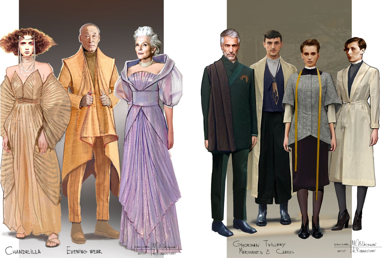 Costume concept illustrations for 'Andor' featuring ballroom attire and more formal suits. 