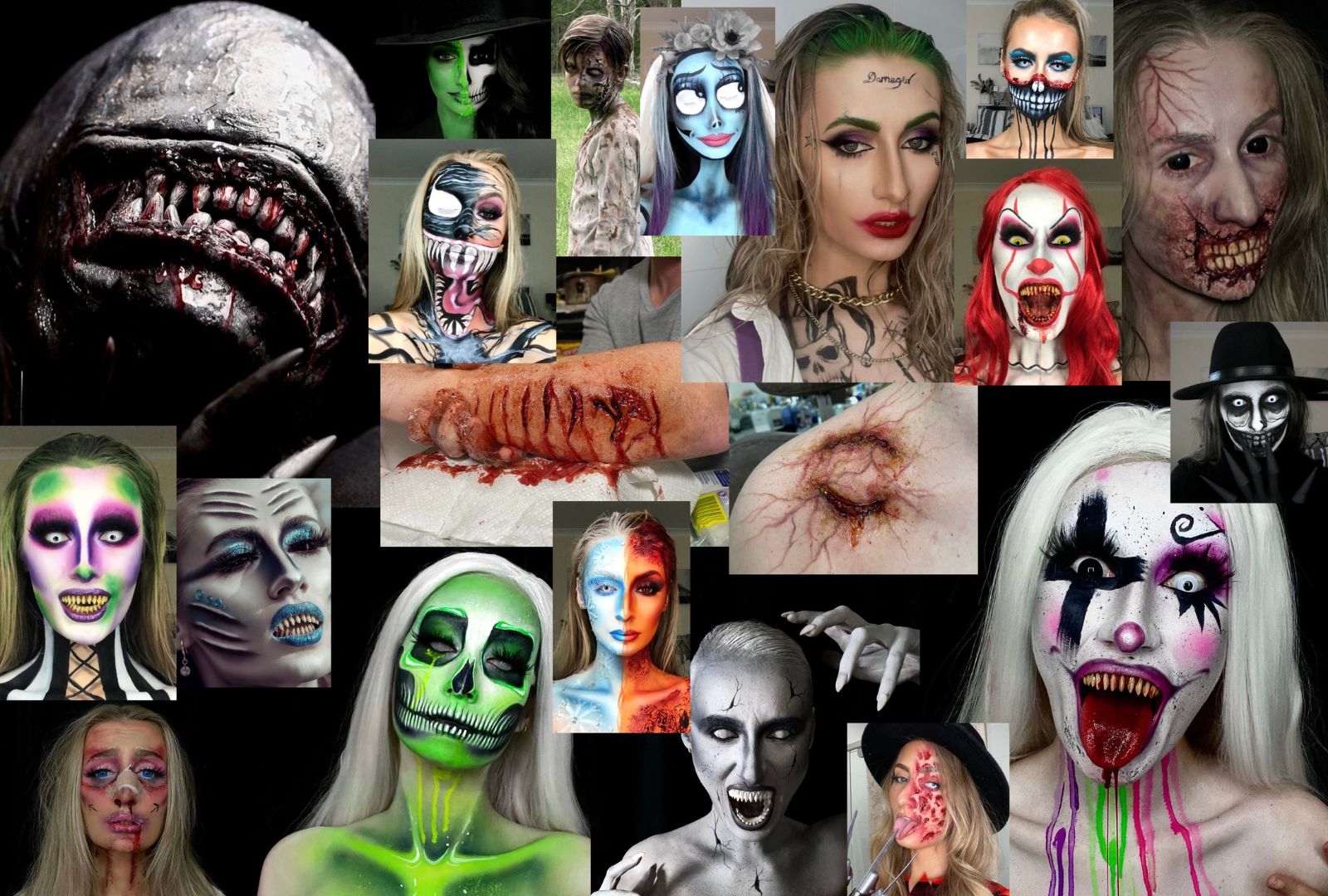 A collage of different horror and glamour make-up and prosthetics looks by Kiarna.