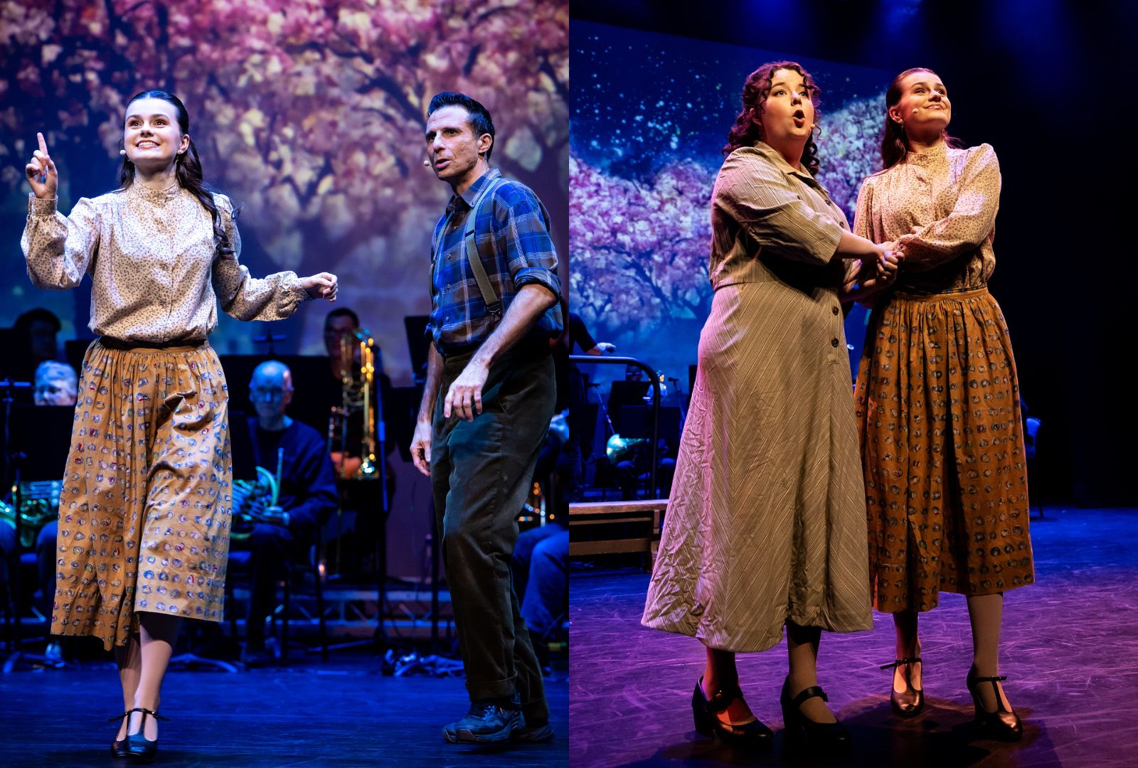 Left: A woman skips forward while a man in a blue shirt watches. Right: Two women holding each other and looking out towards an audience.