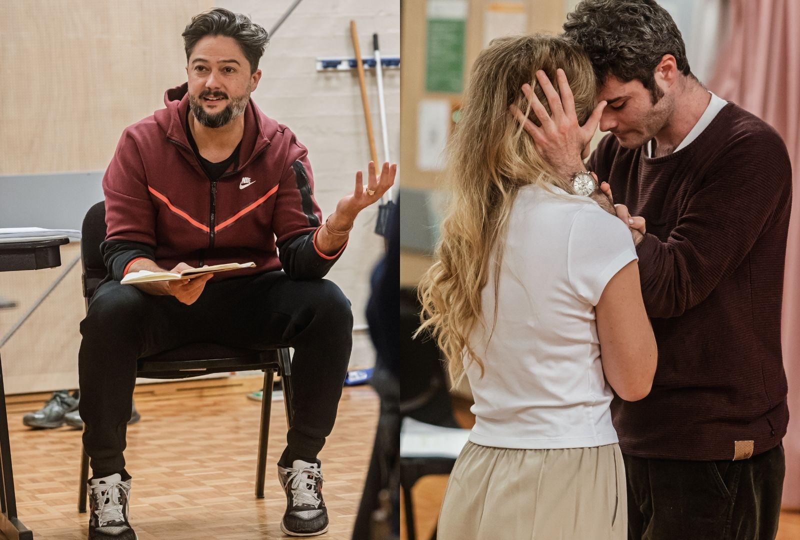 Left: A man directing a play. Right: Two actors in an embrace.