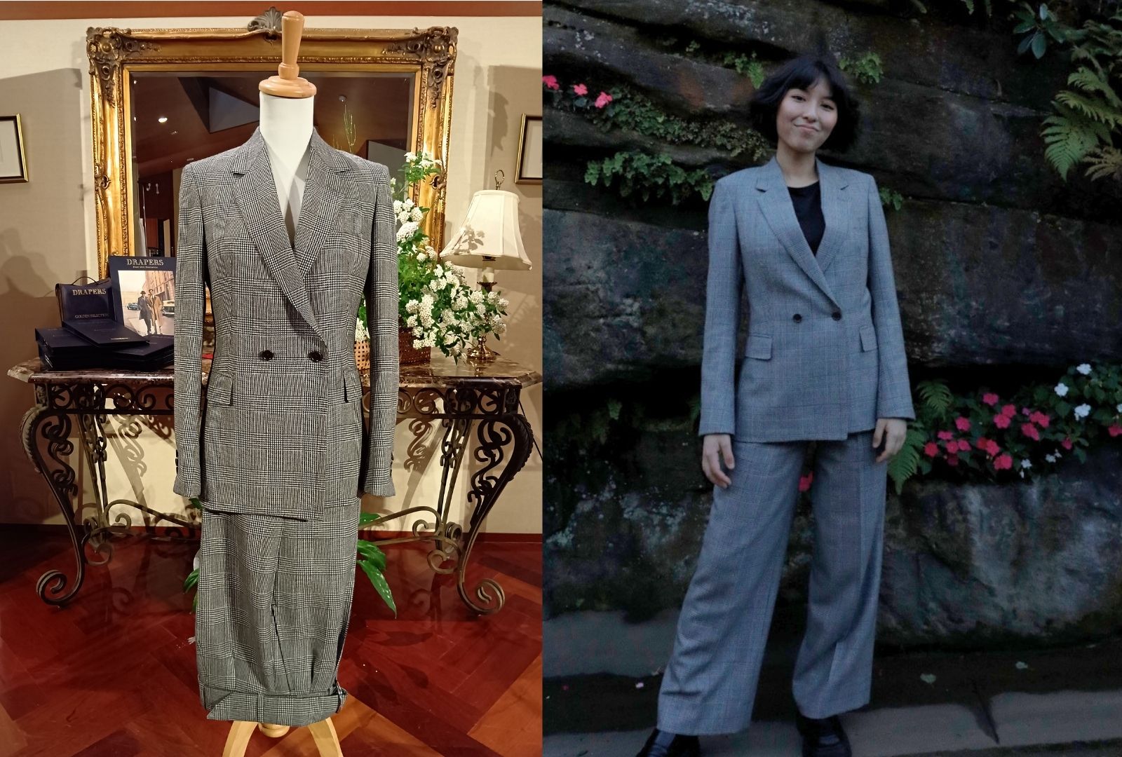 The image shows two gray plaid suits in different settings. On the left, a suit is displayed on a mannequin in an elegant interior with ornate furniture and framed paintings. On the right, a person wearing the same suit poses outdoors in front of a stone wall with greenery and pink flowers.