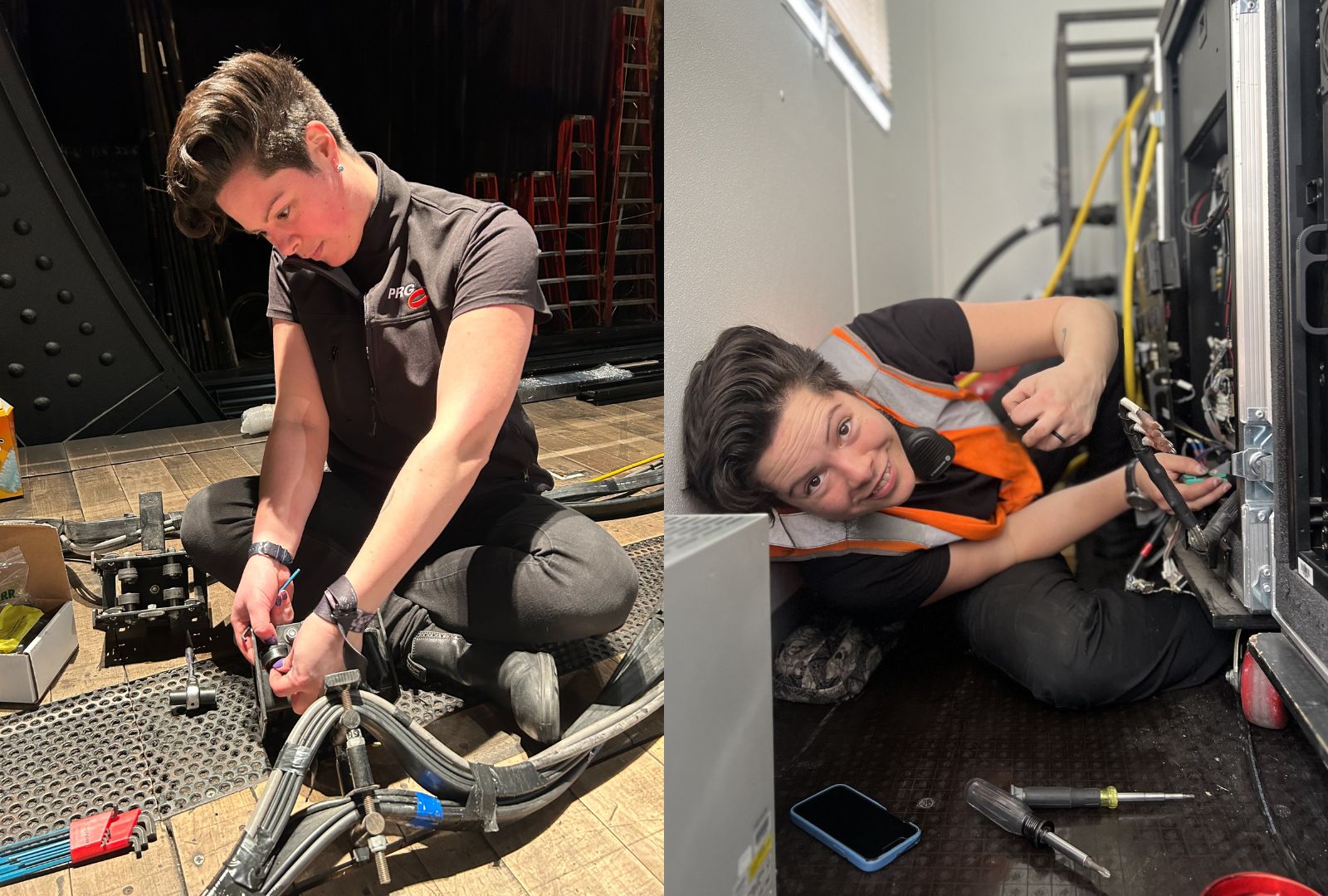 Left: Issy Stadler fixing carriers for 'Wicked' on Broadway. Right: Issy Stadler fixing mechanisms for the 'Magic Mike' tour in Texas.