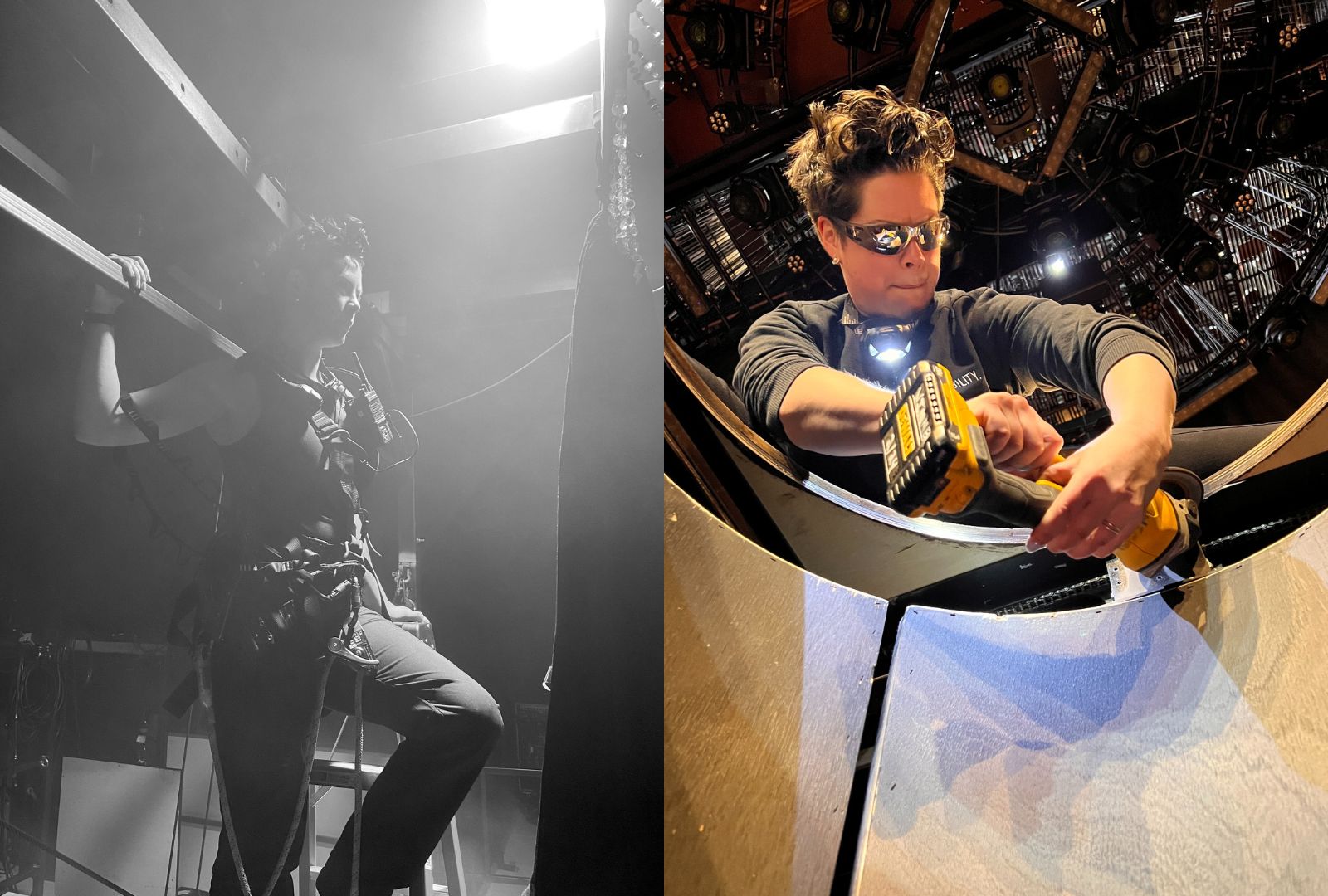 Right: Issy Stadler in the grid of the 'Magic Mike' US tour, Miami. Left: Issy Stadler fixing mechanics for Cabaret, Broadway.