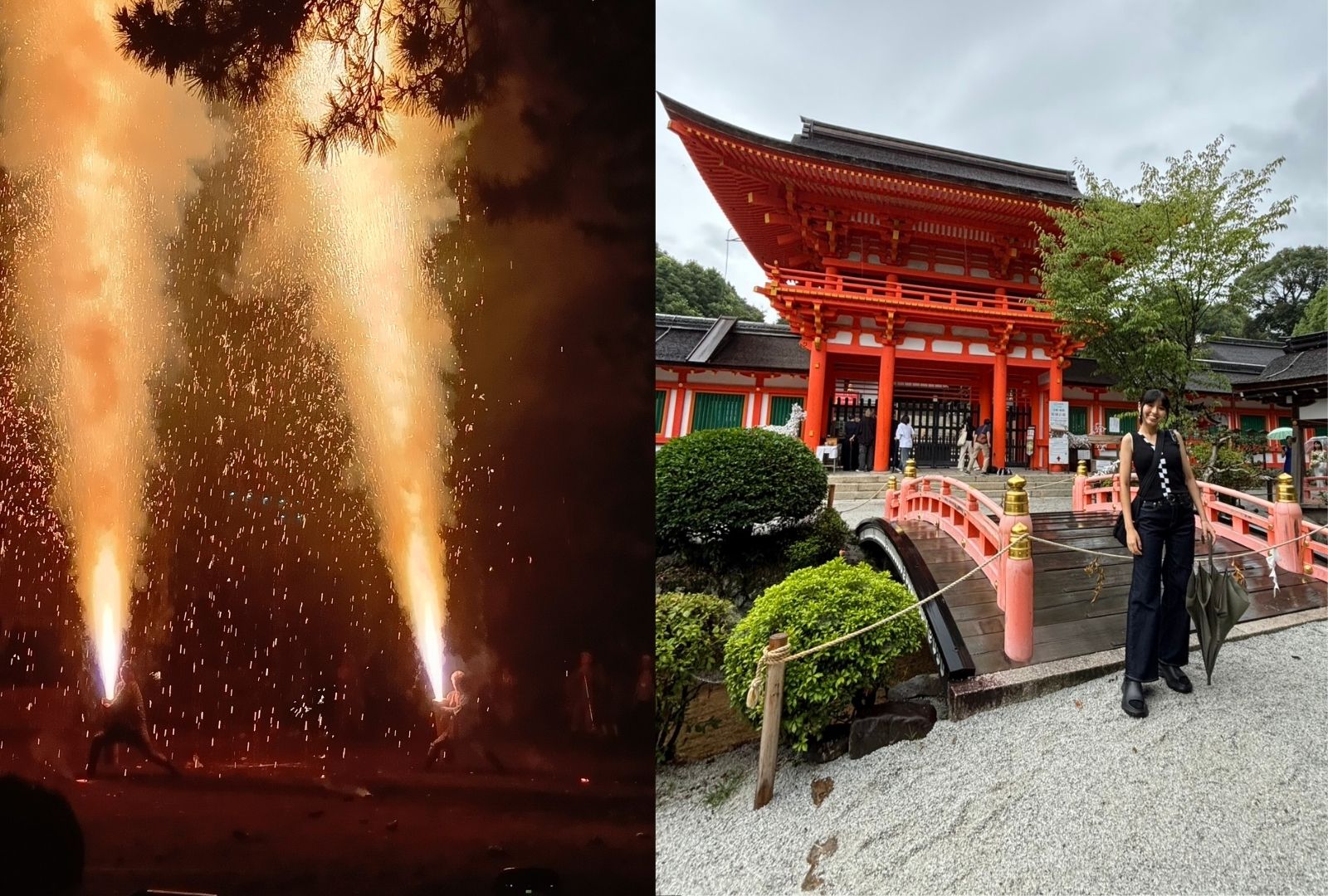 Split image: Left side shows a lively handheld fireworks display with bright sparks and smoke at night. Right side depicts a person standing near a red arched bridge in front of Heian Shrine in Kyoto, surrounded by well-maintained trees and gravel paths.