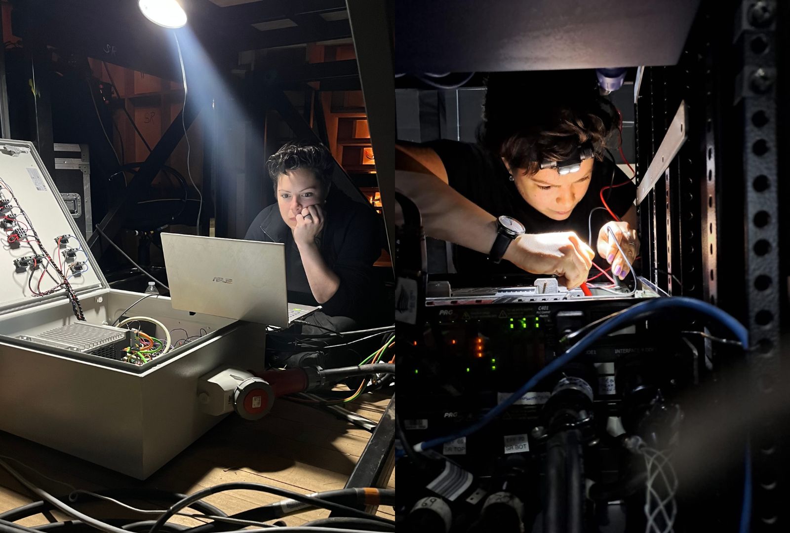 Issy Stadler coding, 2022. Issy Stadler fixing PLC for 'Phantom of the Opera's International tour, 2024.