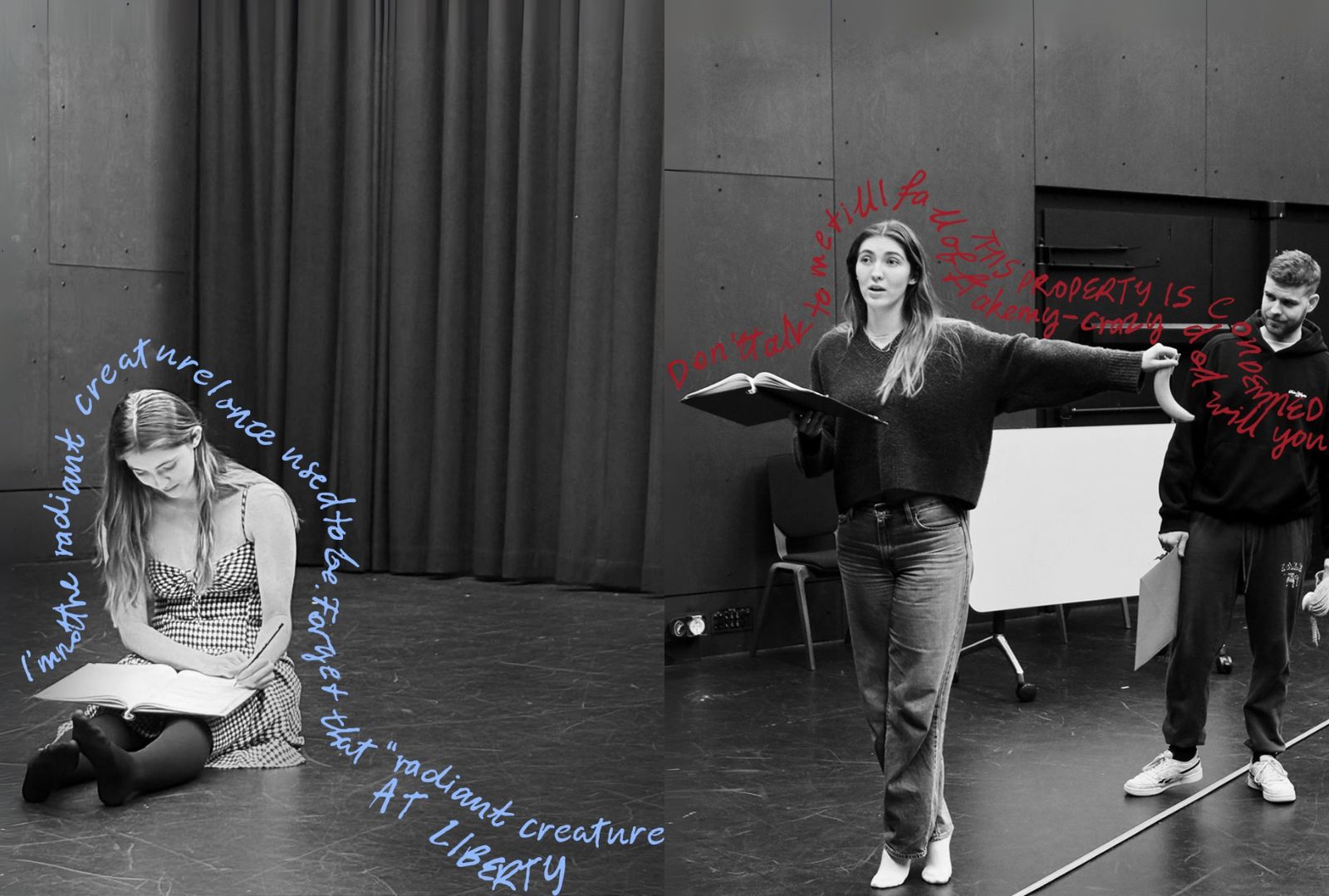 Left: In a room, a woman is seated on the floor. Right: A man stands behind a woman who holds a book open.