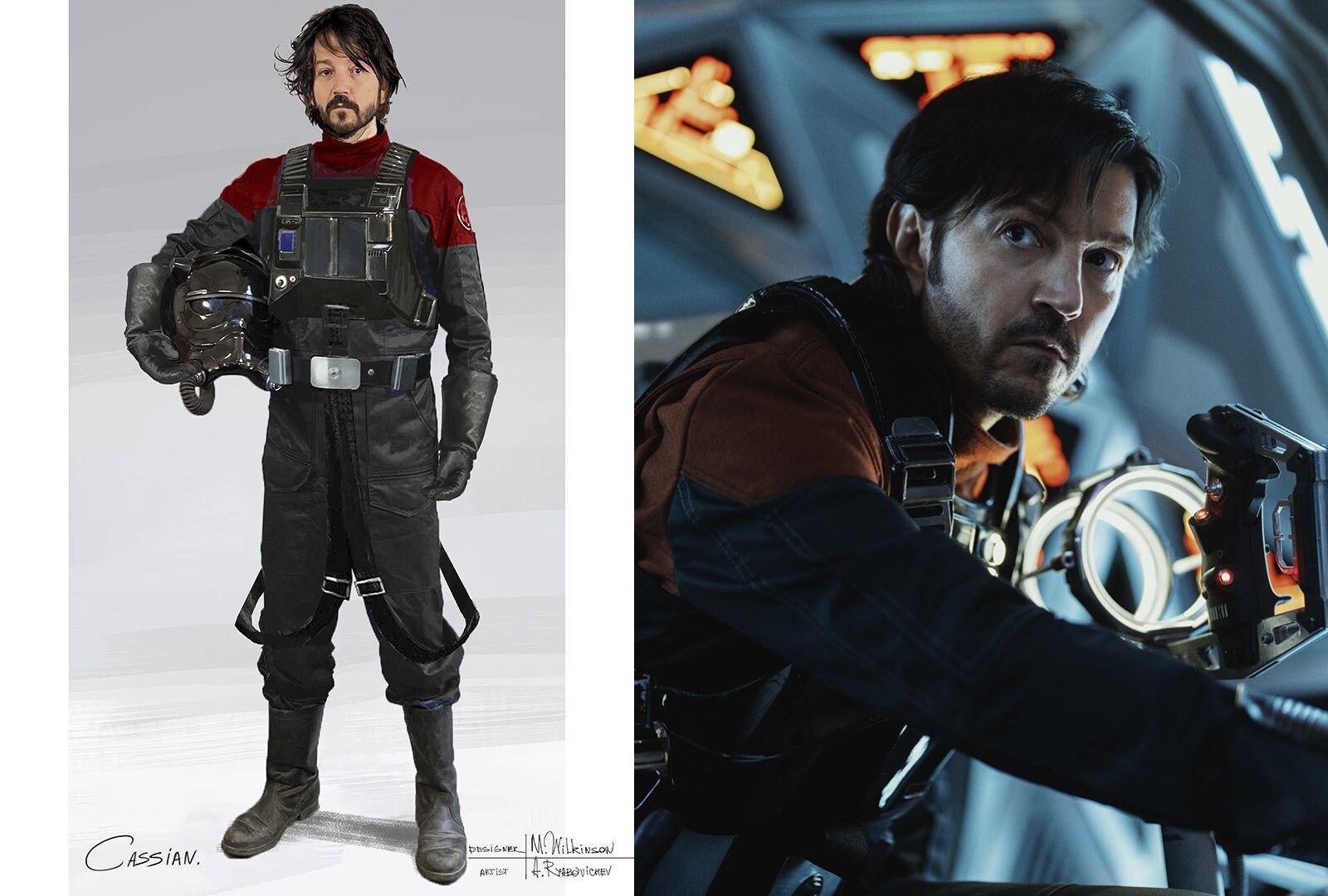 Left concept art of Cassian Andor, a man in a black suit with red sleeves and a harness holds a helmet under his arm. Right: Diego Luna as Andor in a space ship wearing his costume. 