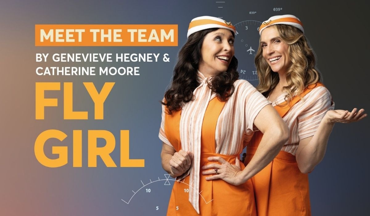 Two smiling women in retro flight attendant uniforms stand against a gradient background. Text reads "Meet the Team" and "Fly Girl." Airplane graphics overlay.