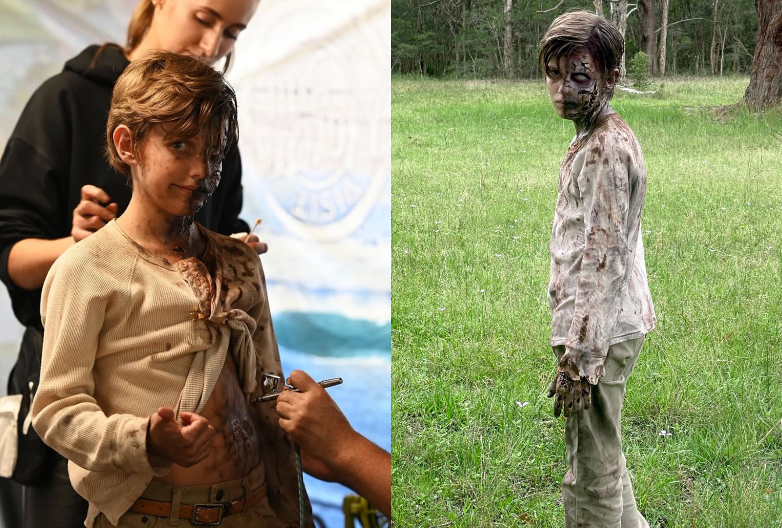 Left: A young boy has his thumb up as zombie make-up is applied to him. Right: A young boy is in a grassy park with zombie makeup covering half his face and tattered clothing covered in blood.