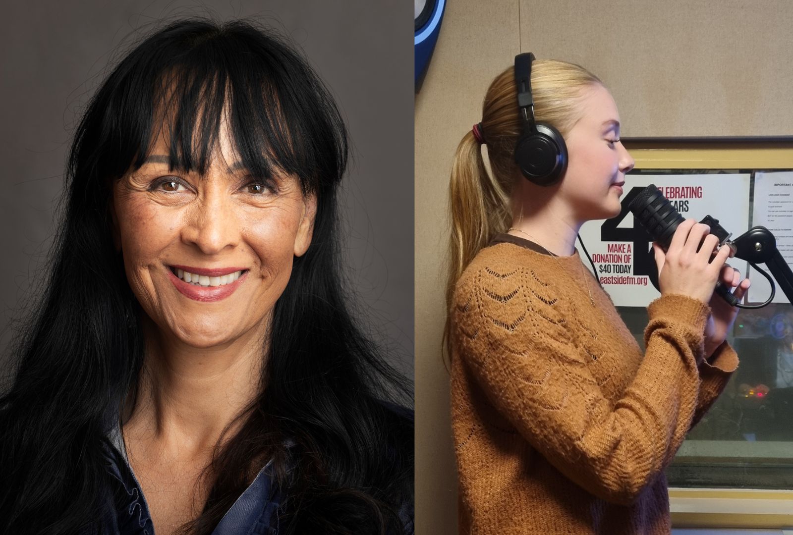 Left: headshot of a woman with dark hair. Right: A woman recording in a sound booth in a brown jumper.