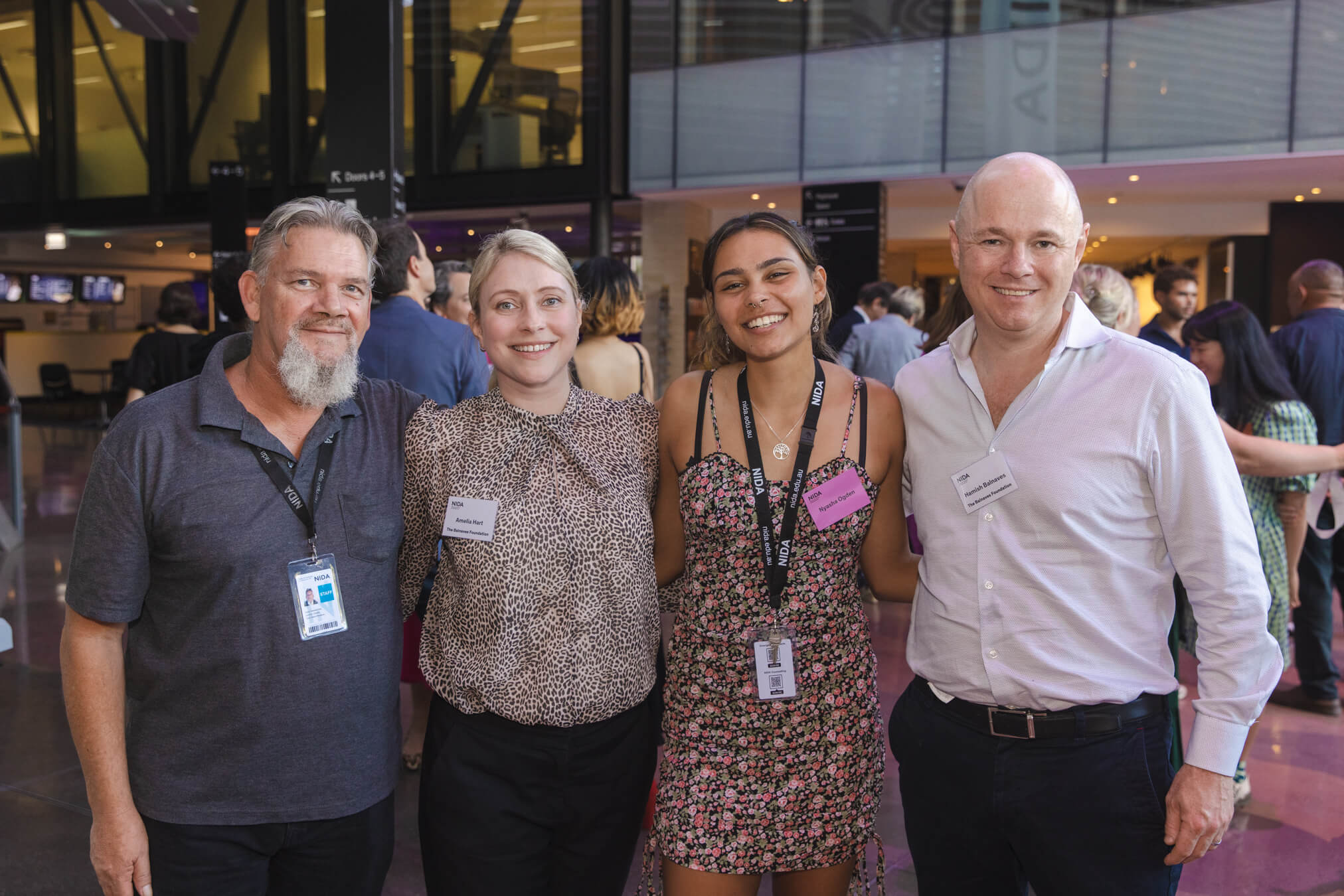 NIDA's Elder in Residence Matthew Doyle, Amelia Hart, Grant Manager, The Balnaves Foundation, Acting student Nyasha Ogden and The Balnaves Foundation CEO Hamish Balnaves. 