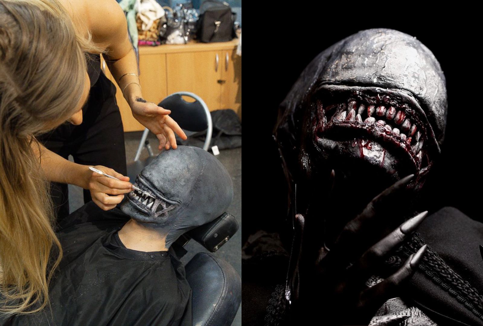Left: Kiarna Strauss applying alien prosthetics in a classroom. Right: Final photo of the prosthetic alien creation by Kiarna.