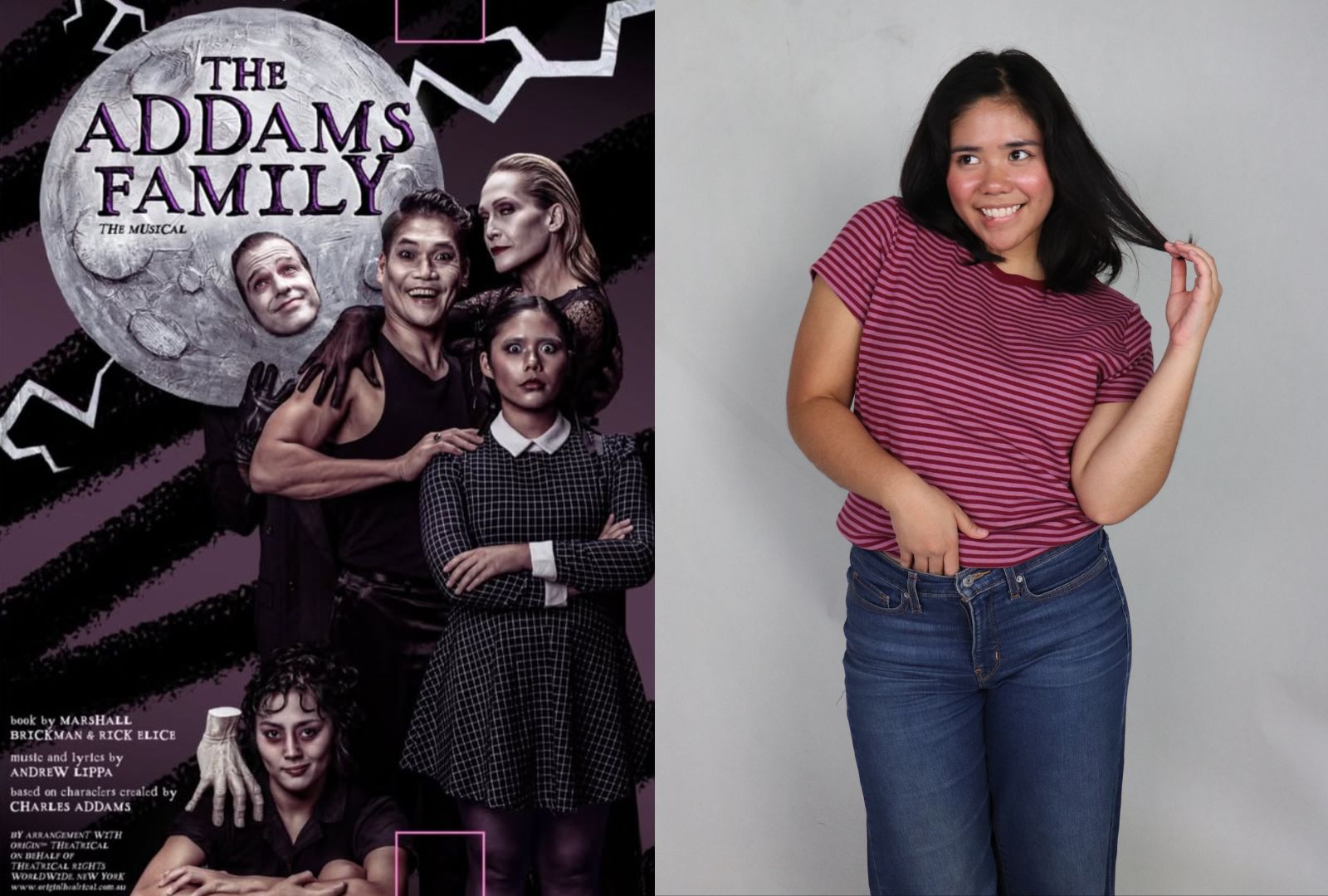 The image shows a poster for "The Addams Family: The Musical" on the left, featuring characters from the show. On the right, a person stands with a cheerful expression, wearing a striped shirt and jeans, posing against a plain background.