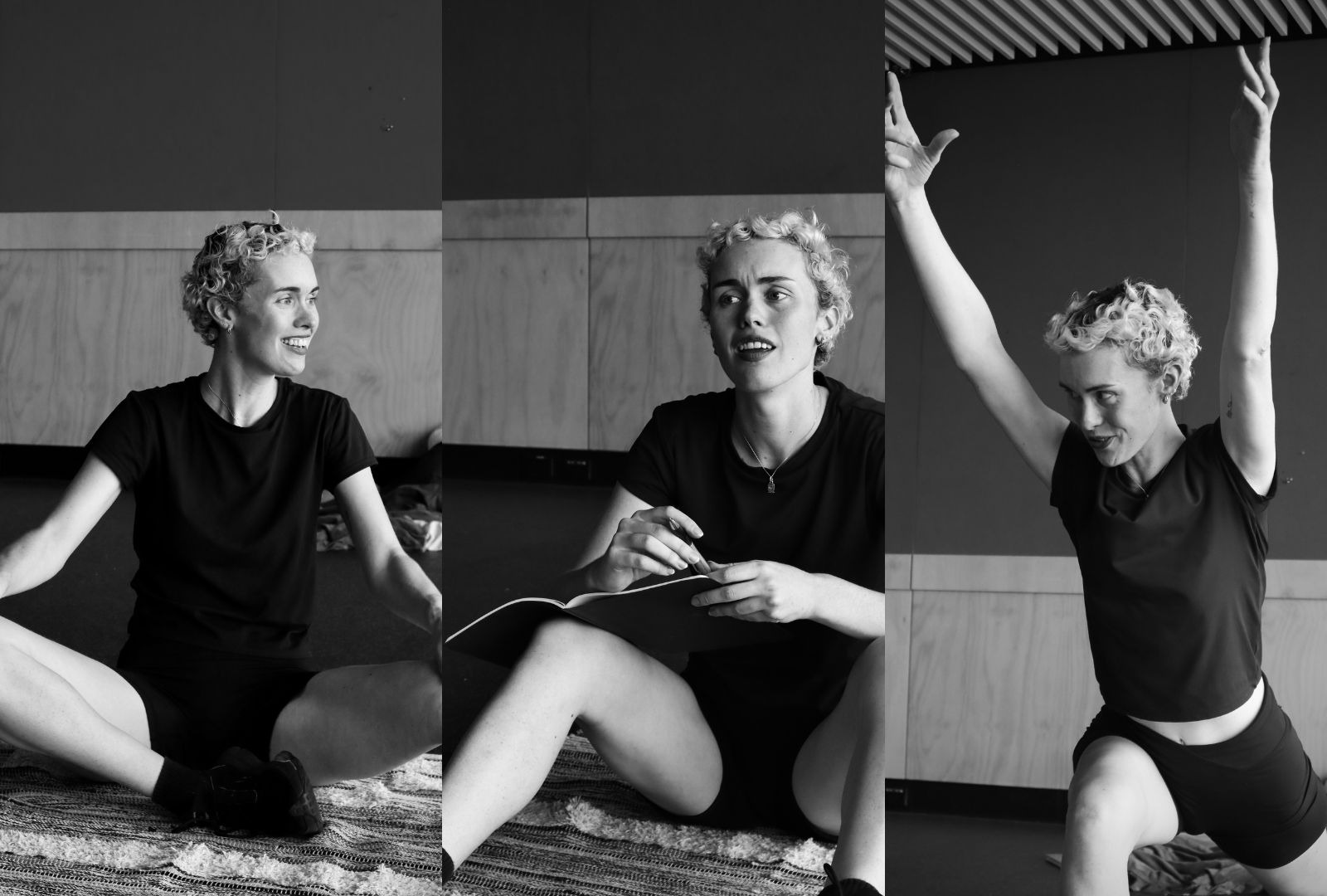 A person with short curly hair and in a black shirt is captured in three black-and-white images. They sit cross-legged, holding a notebook, appearing engaged and expressive.