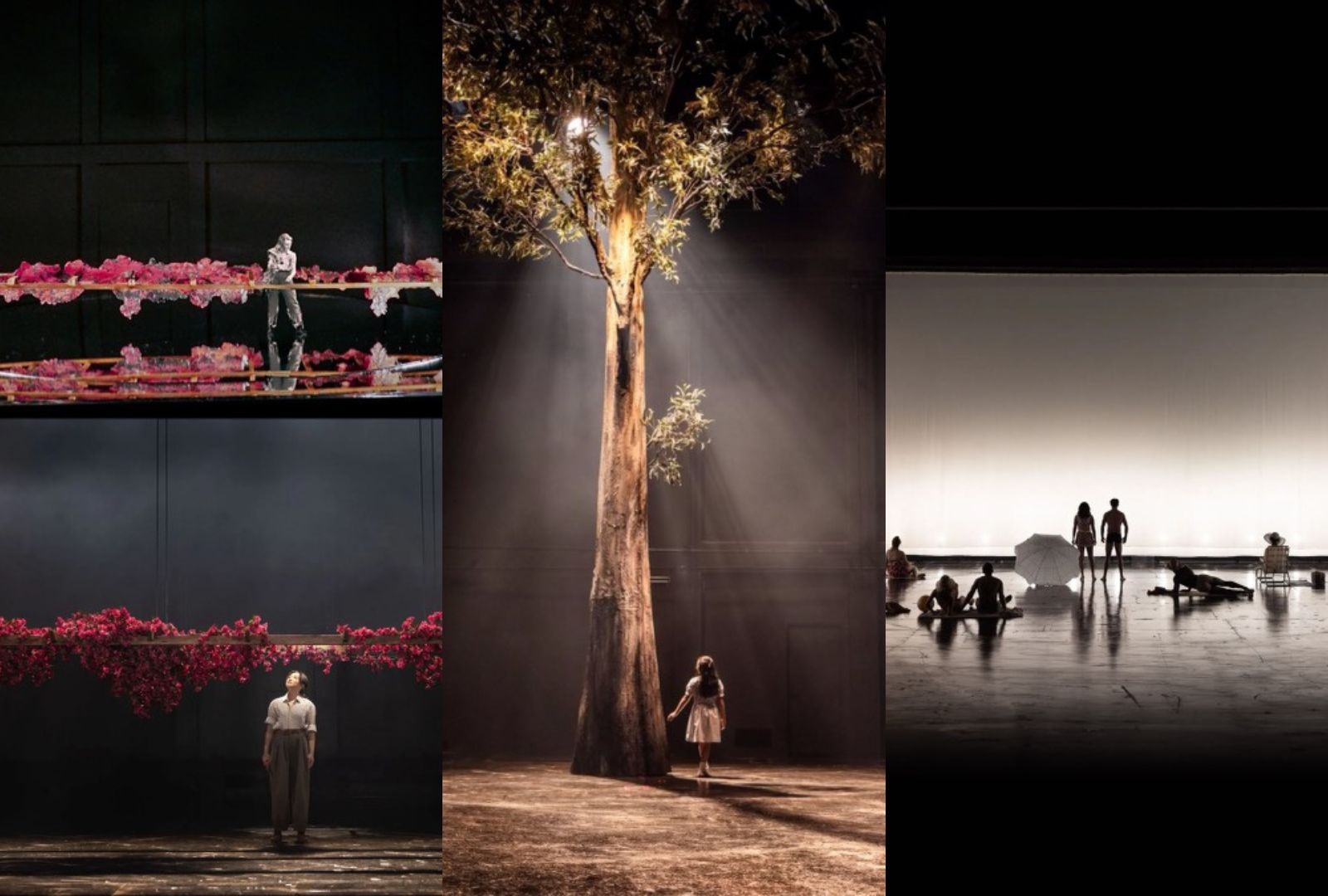 Three production photos of On The Beach featuring people interacting with nature.