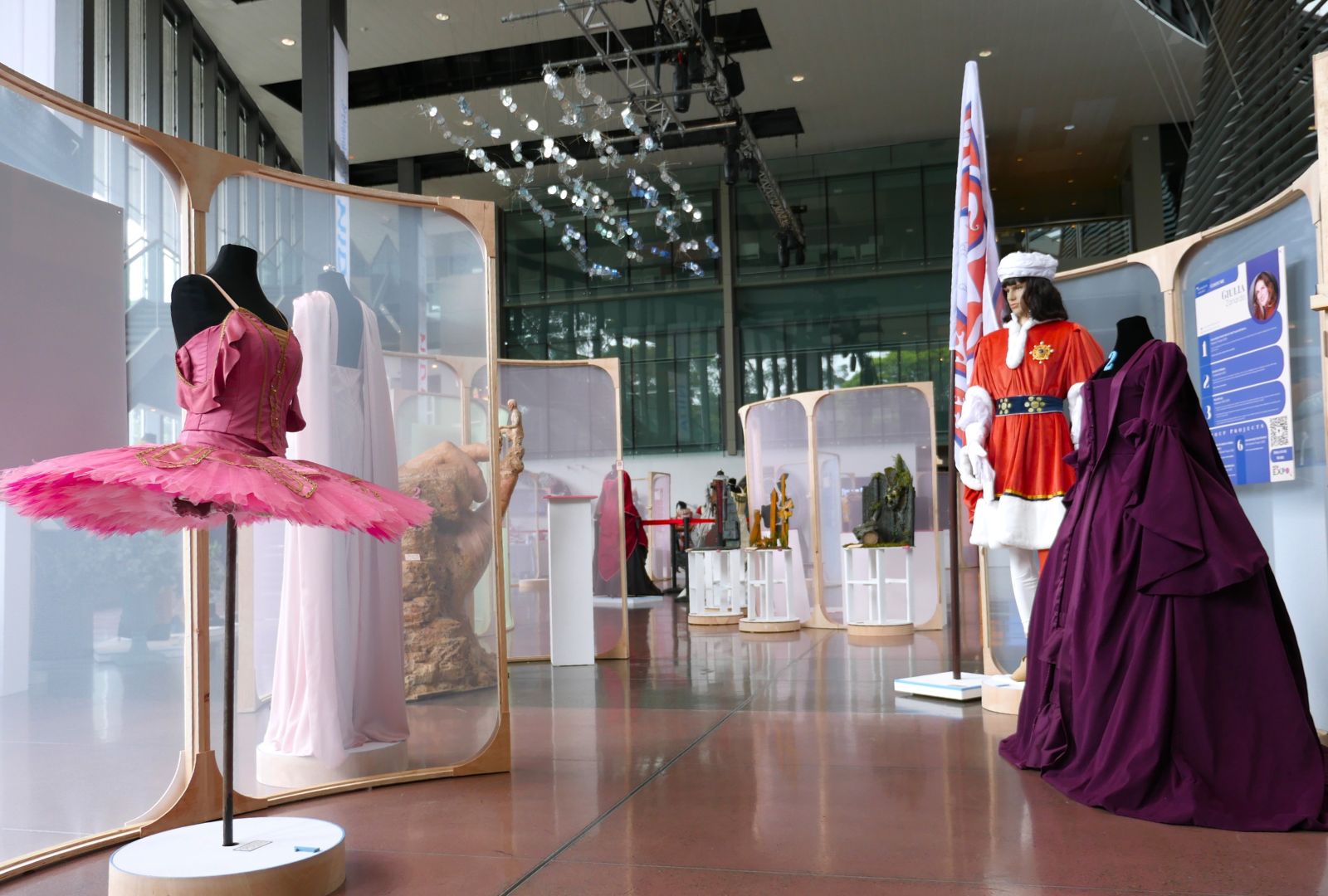 NIDA's Foyer with mesh screens separating the different makes and projects completed by third-year Bachelor of Fine Arts Props, Costumes and Sets students.