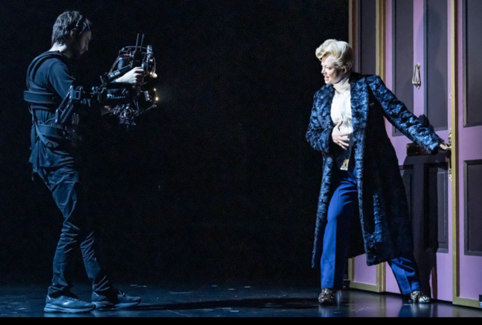 Ben Sheen filming Sarah Snook in dramatic costume as Dorian Gray.